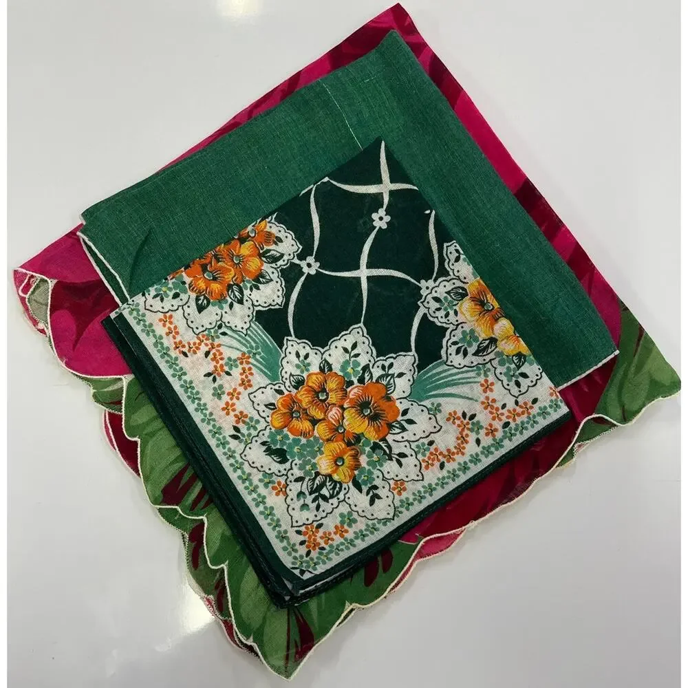 Set of 3 Vintage Hankie Handkerchiefs - Green Red Yellow Floral Beautiful - Picture 6 of 6